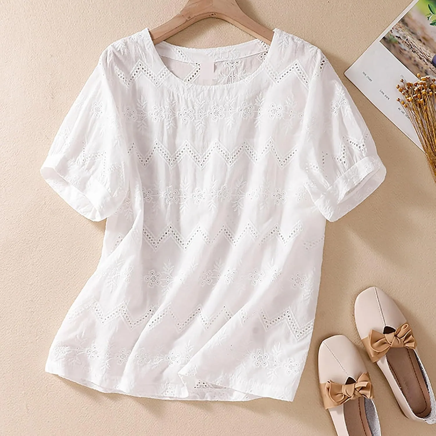 Women's Cotton Linen Embroidered Shirt Tops Boho 3/4 Sleeeve Tunic Top Dressy Elegant Blouse