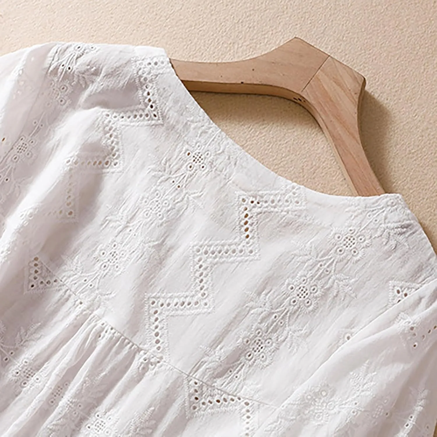 Women's Cotton Linen Embroidered Shirt Tops Boho 3/4 Sleeeve Tunic Top Dressy Elegant Blouse