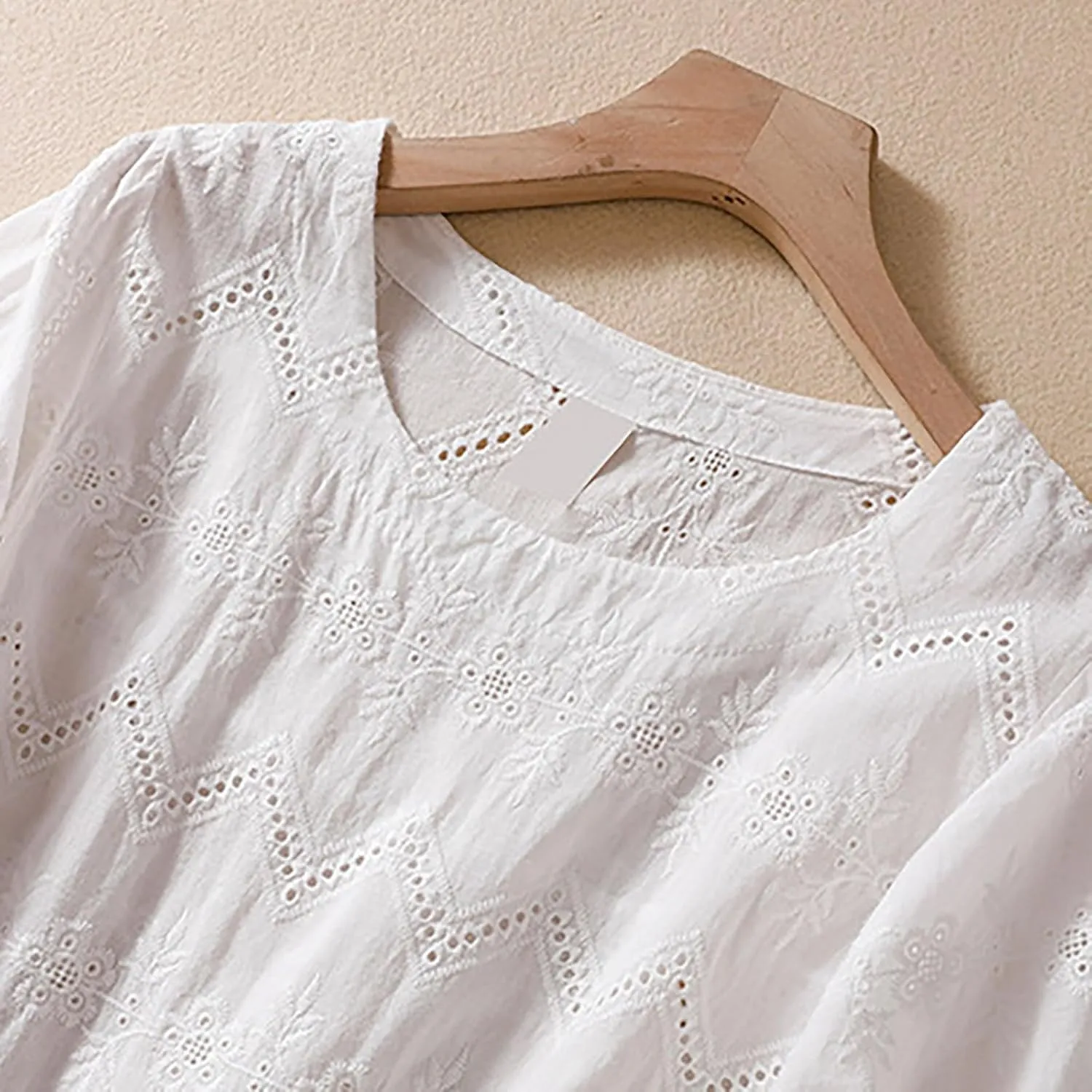 Women's Cotton Linen Embroidered Shirt Tops Boho 3/4 Sleeeve Tunic Top Dressy Elegant Blouse