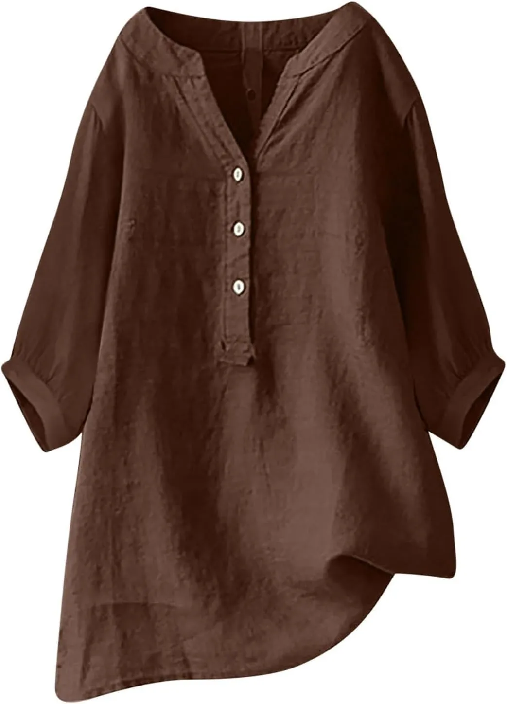 Womens Cotton Linen Shirts Solid 3/4 Sleeve Tunic Tops Oversized Tshirts Casual V Neck Dressy Blouses