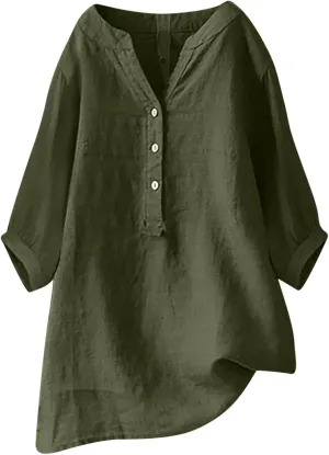 Womens Cotton Linen Shirts Solid 3/4 Sleeve Tunic Tops Oversized Tshirts Casual V Neck Dressy Blouses
