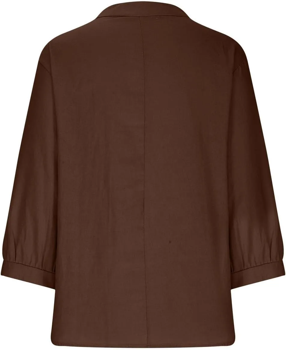 Womens Cotton Linen Shirts Solid 3/4 Sleeve Tunic Tops Oversized Tshirts Casual V Neck Dressy Blouses