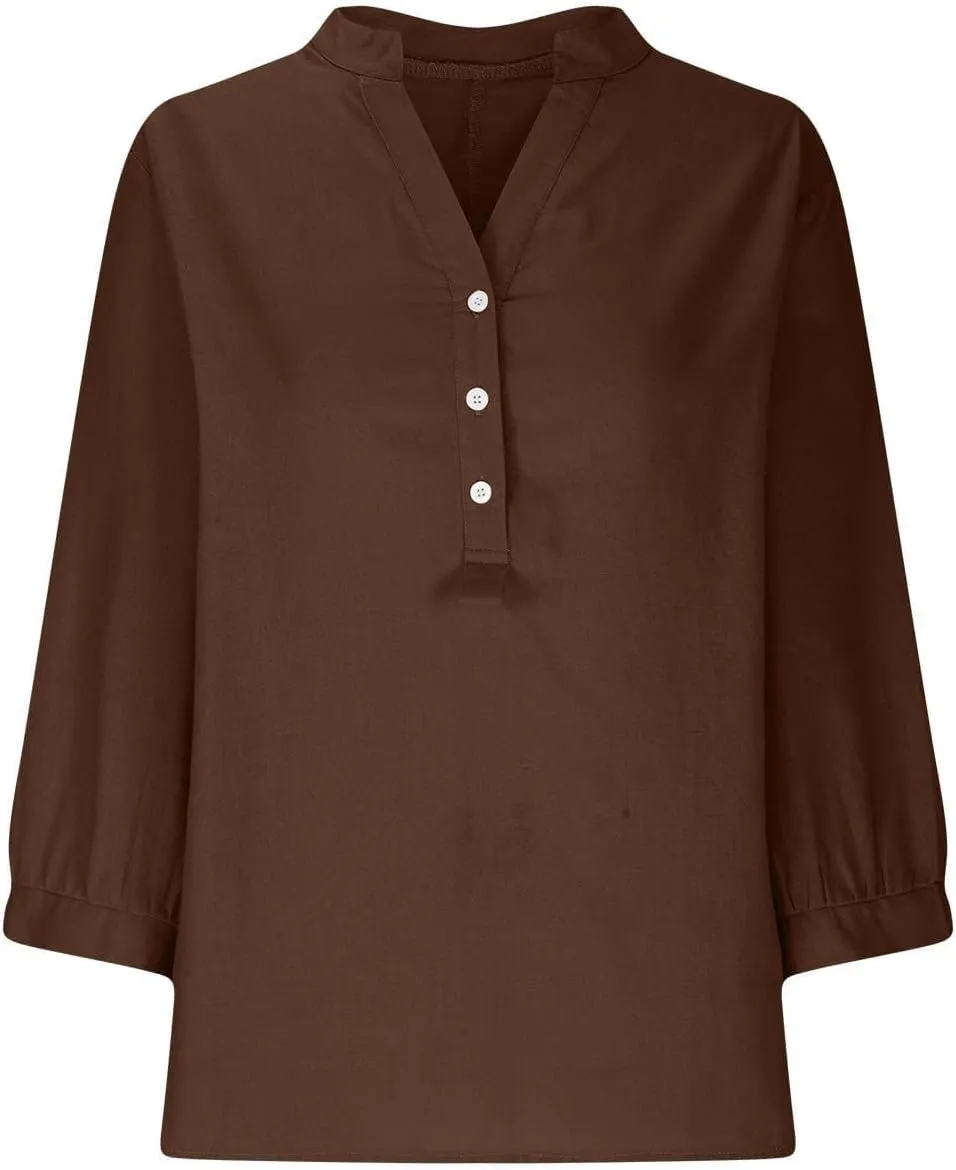 Womens Cotton Linen Shirts Solid 3/4 Sleeve Tunic Tops Oversized Tshirts Casual V Neck Dressy Blouses