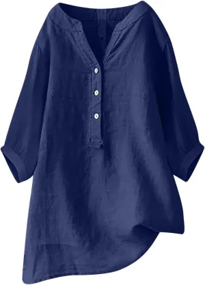 Womens Cotton Linen Shirts Solid 3/4 Sleeve Tunic Tops Oversized Tshirts Casual V Neck Dressy Blouses