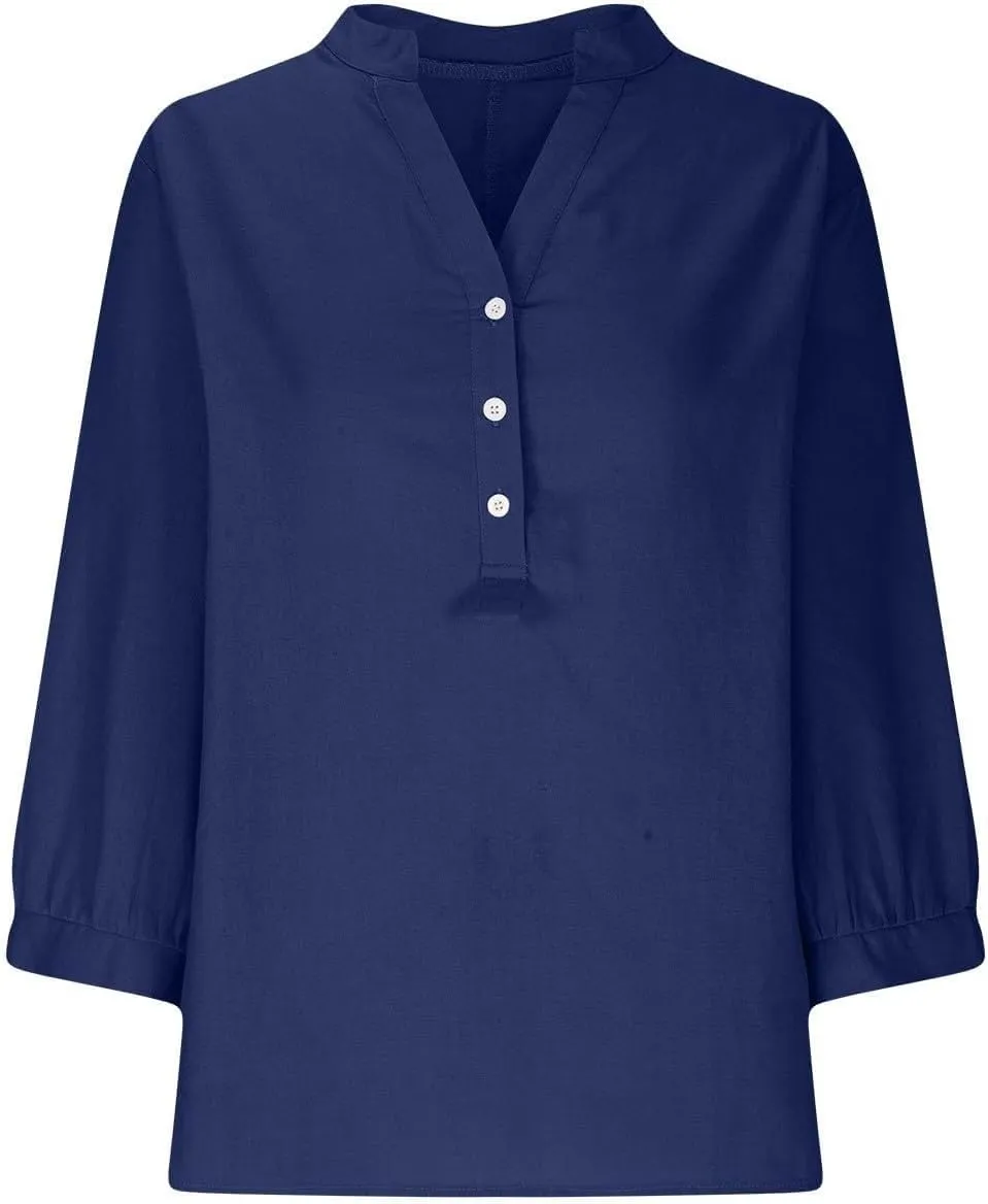 Womens Cotton Linen Shirts Solid 3/4 Sleeve Tunic Tops Oversized Tshirts Casual V Neck Dressy Blouses