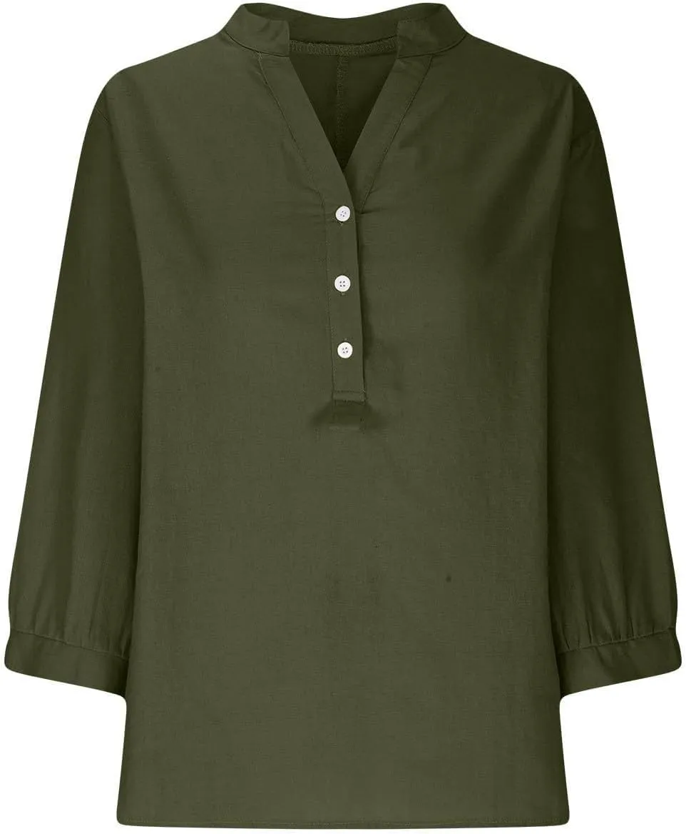 Womens Cotton Linen Shirts Solid 3/4 Sleeve Tunic Tops Oversized Tshirts Casual V Neck Dressy Blouses