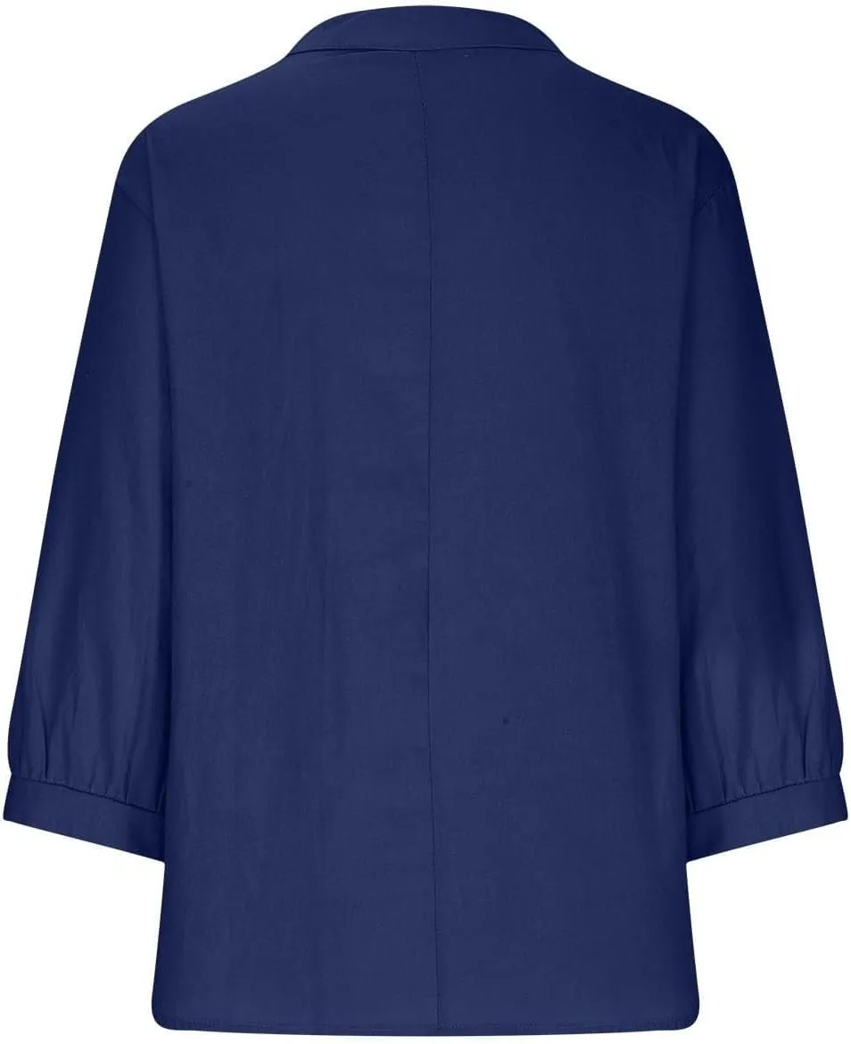 Womens Cotton Linen Shirts Solid 3/4 Sleeve Tunic Tops Oversized Tshirts Casual V Neck Dressy Blouses