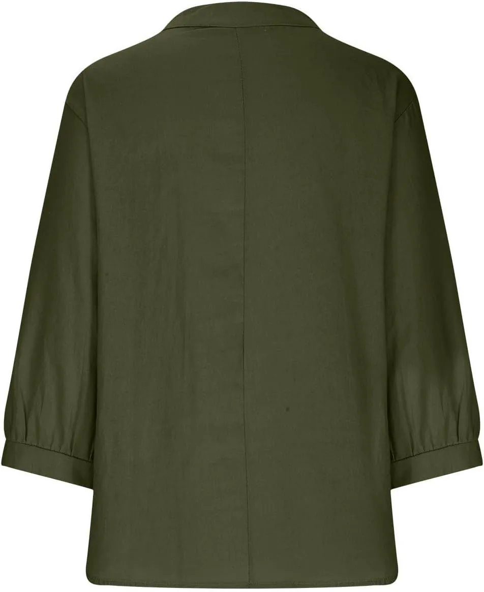 Womens Cotton Linen Shirts Solid 3/4 Sleeve Tunic Tops Oversized Tshirts Casual V Neck Dressy Blouses