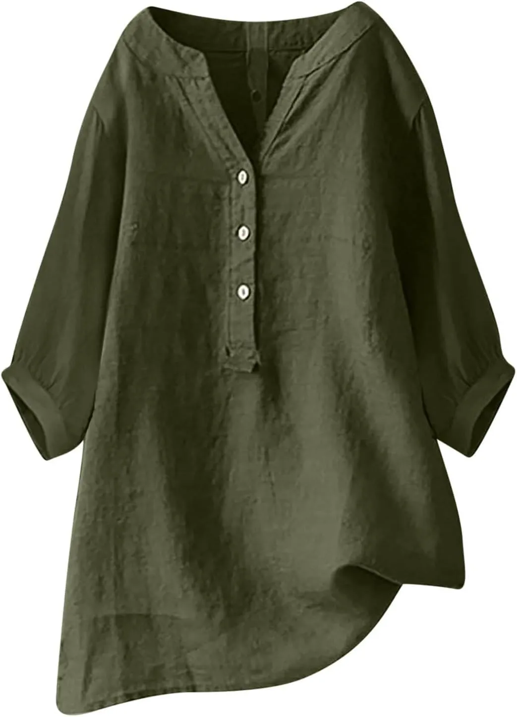Womens Cotton Linen Shirts Solid 3/4 Sleeve Tunic Tops Oversized Tshirts Casual V Neck Dressy Blouses