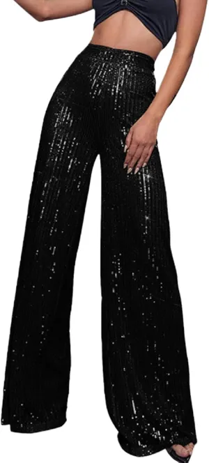Women's Fashion Casual Sequined Pants Sparkling Sequins High Waisted Wide Leg Flared Pants Nightclub Wear