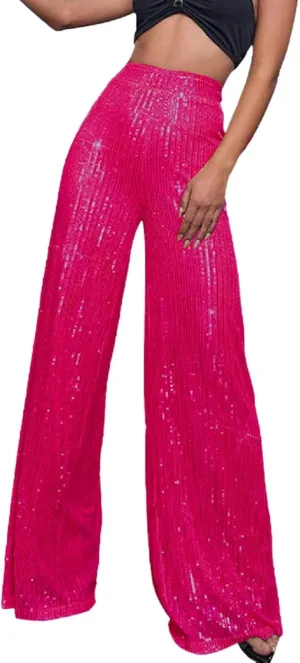 Women's Fashion Casual Sequined Pants Sparkling Sequins High Waisted Wide Leg Flared Pants Nightclub Wear