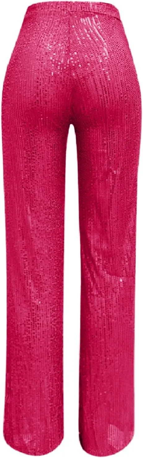 Women's Fashion Casual Sequined Pants Sparkling Sequins High Waisted Wide Leg Flared Pants Nightclub Wear