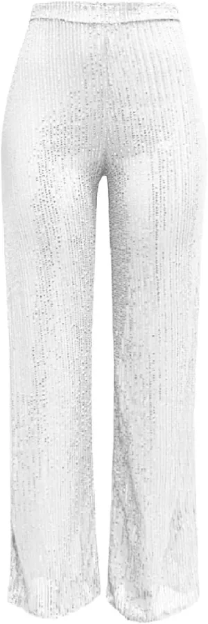 Women's Fashion Casual Sequined Pants Sparkling Sequins High Waisted Wide Leg Flared Pants Nightclub Wear