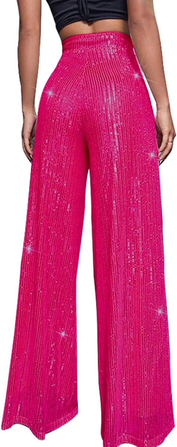 Women's Fashion Casual Sequined Pants Sparkling Sequins High Waisted Wide Leg Flared Pants Nightclub Wear