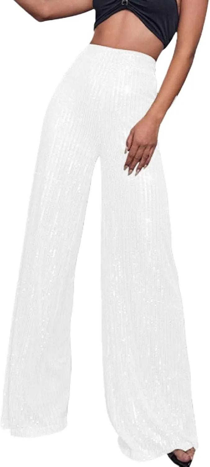 Women's Fashion Casual Sequined Pants Sparkling Sequins High Waisted Wide Leg Flared Pants Nightclub Wear