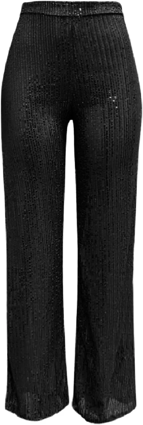 Women's Fashion Casual Sequined Pants Sparkling Sequins High Waisted Wide Leg Flared Pants Nightclub Wear