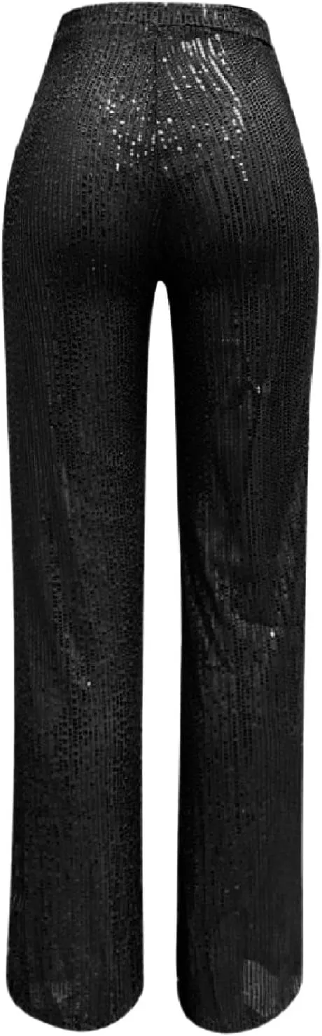 Women's Fashion Casual Sequined Pants Sparkling Sequins High Waisted Wide Leg Flared Pants Nightclub Wear