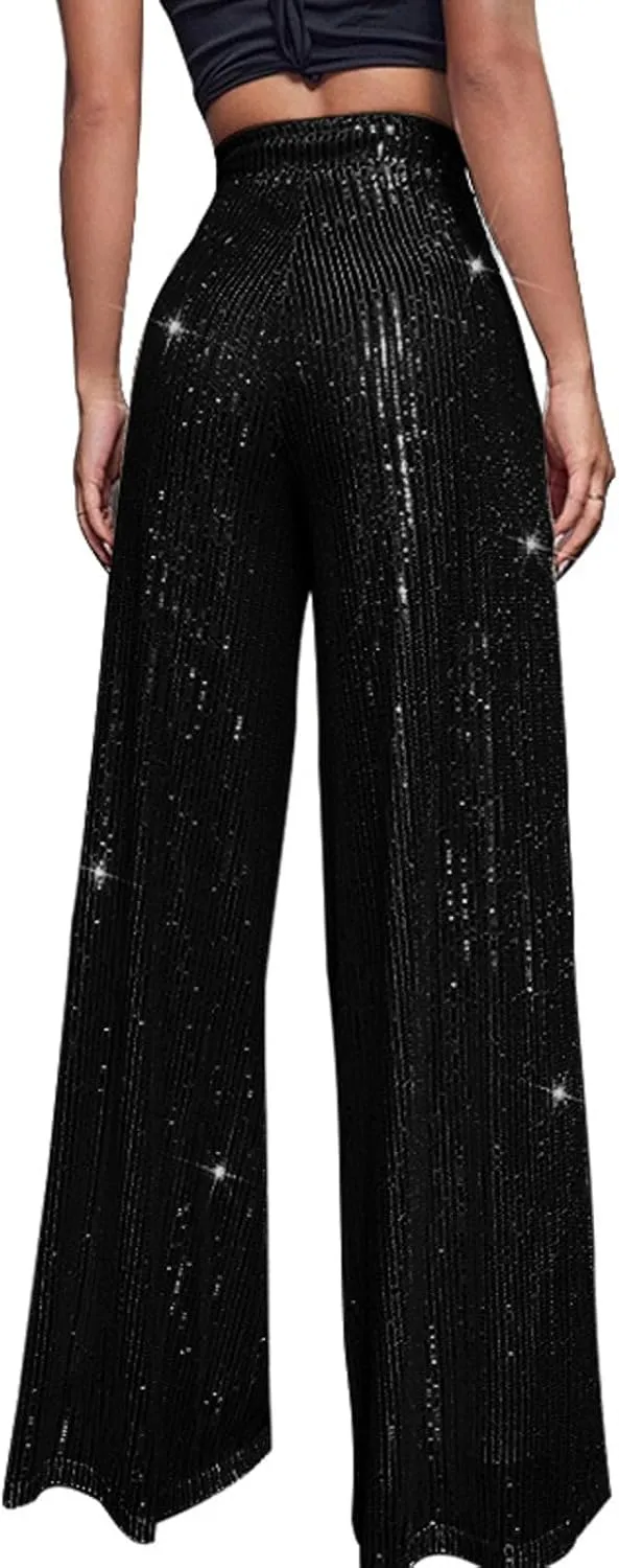Women's Fashion Casual Sequined Pants Sparkling Sequins High Waisted Wide Leg Flared Pants Nightclub Wear