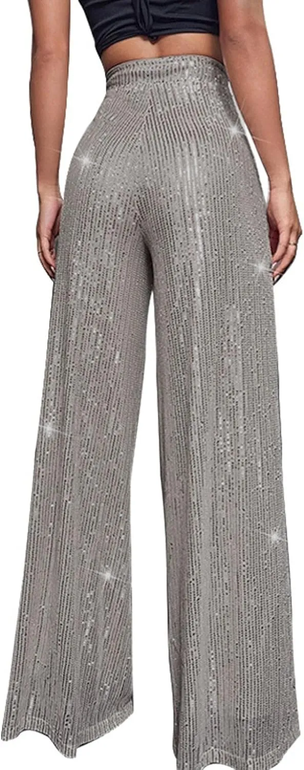 Women's Fashion Casual Sequined Pants Sparkling Sequins High Waisted Wide Leg Flared Pants Nightclub Wear