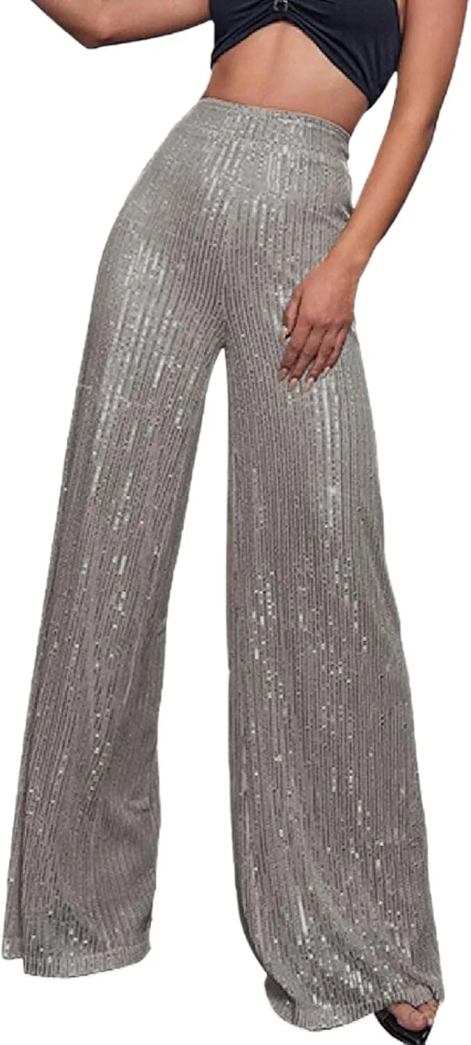 Women's Fashion Casual Sequined Pants Sparkling Sequins High Waisted Wide Leg Flared Pants Nightclub Wear