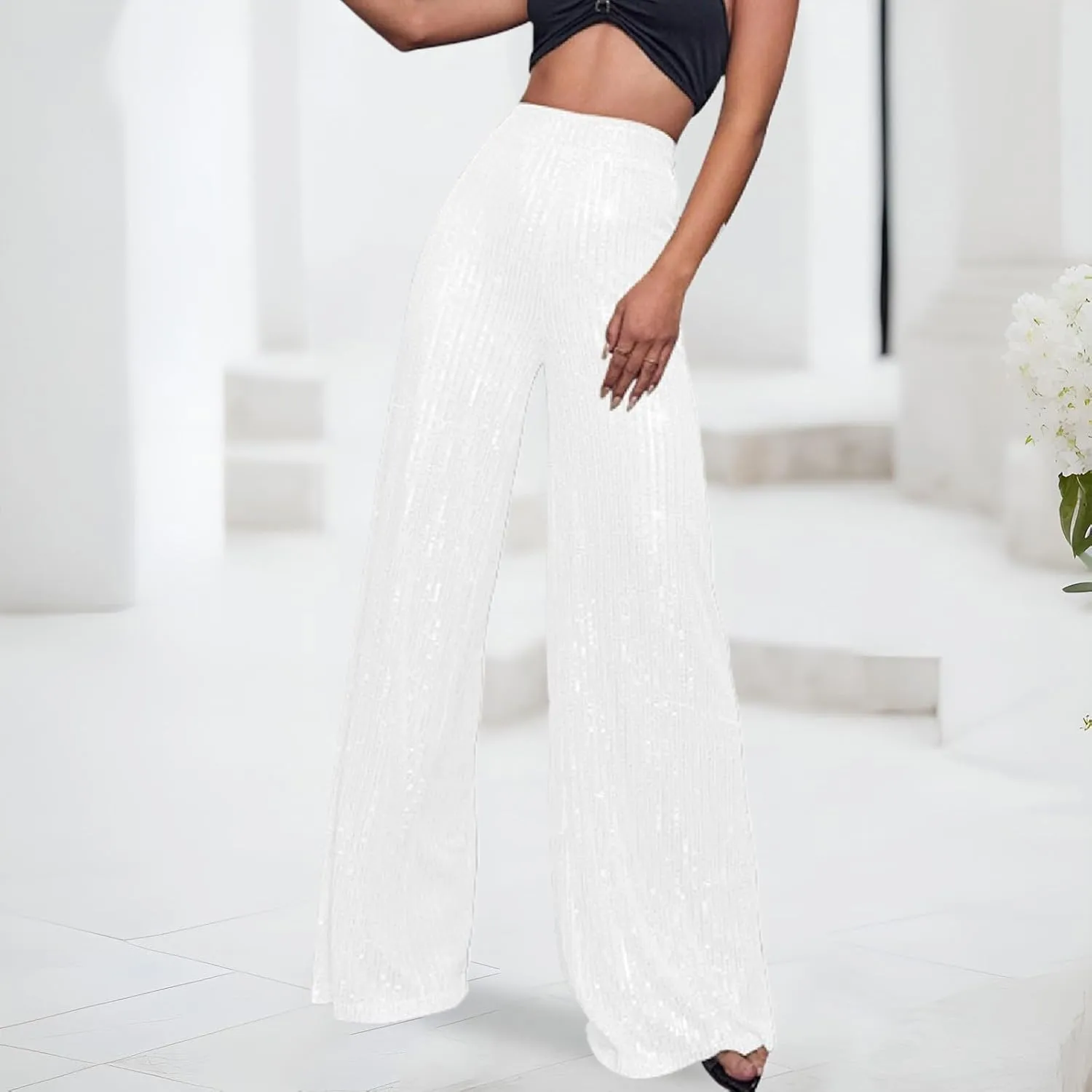 Women's Fashion Casual Sequined Pants Sparkling Sequins High Waisted Wide Leg Flared Pants Nightclub Wear