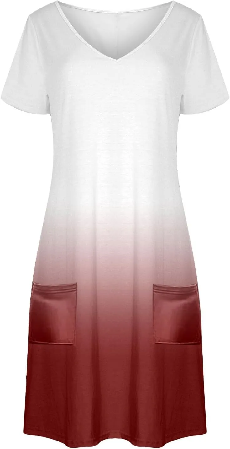 Women's Fashion Summer Dress Gradient Short Sleeve V-Neck Lounge Dresses Loose Comfy Solid Midi Skirts Vacation