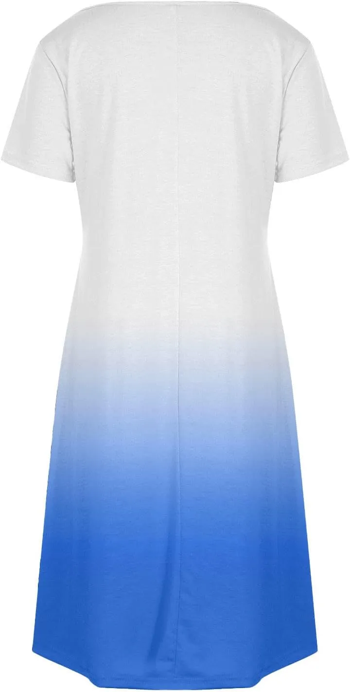 Women's Fashion Summer Dress Gradient Short Sleeve V-Neck Lounge Dresses Loose Comfy Solid Midi Skirts Vacation