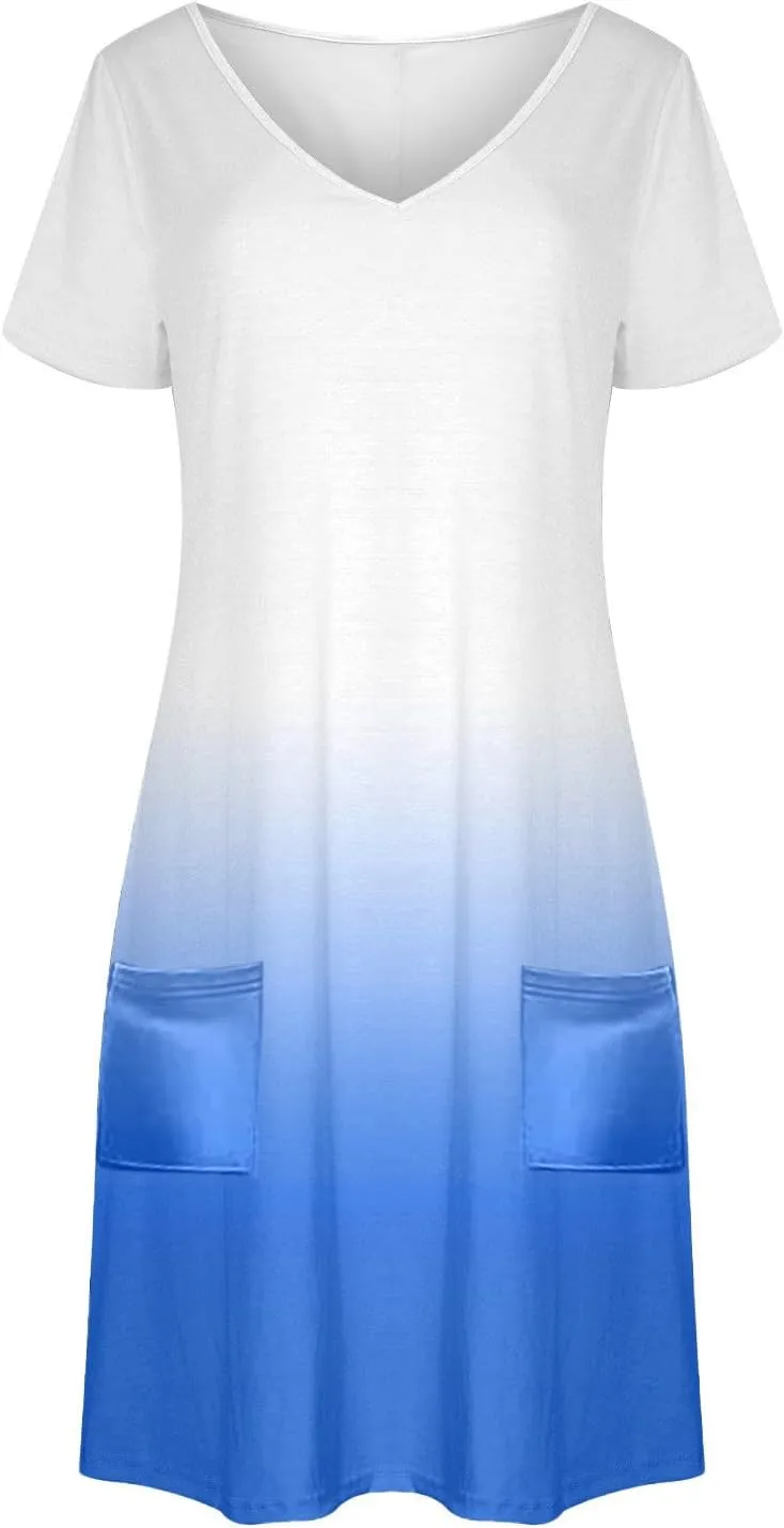 Women's Fashion Summer Dress Gradient Short Sleeve V-Neck Lounge Dresses Loose Comfy Solid Midi Skirts Vacation