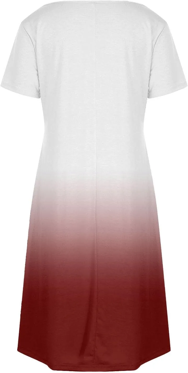 Women's Fashion Summer Dress Gradient Short Sleeve V-Neck Lounge Dresses Loose Comfy Solid Midi Skirts Vacation