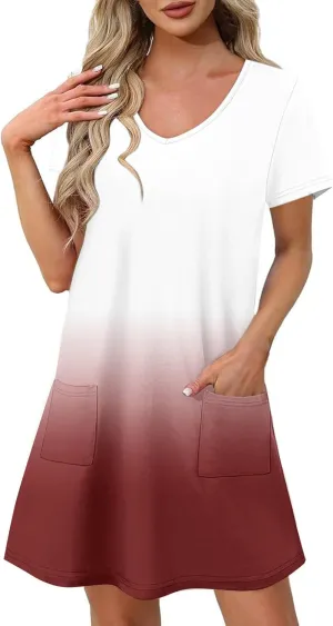 Women's Fashion Summer Dress Gradient Short Sleeve V-Neck Lounge Dresses Loose Comfy Solid Midi Skirts Vacation