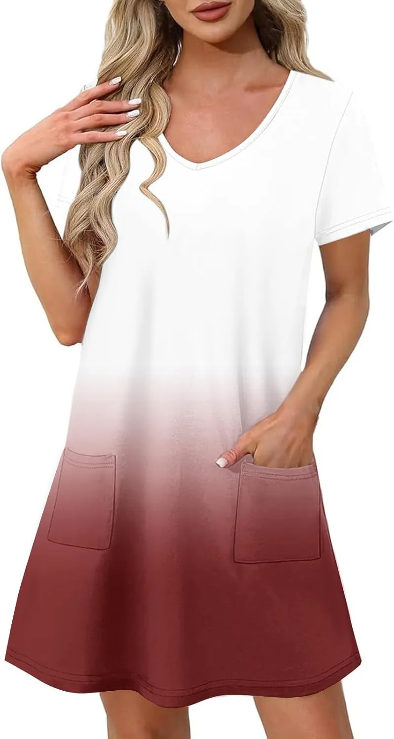 Women's Fashion Summer Dress Gradient Short Sleeve V-Neck Lounge Dresses Loose Comfy Solid Midi Skirts Vacation