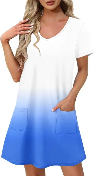 Women's Fashion Summer Dress Gradient Short Sleeve V-Neck Lounge Dresses Loose Comfy Solid Midi Skirts Vacation