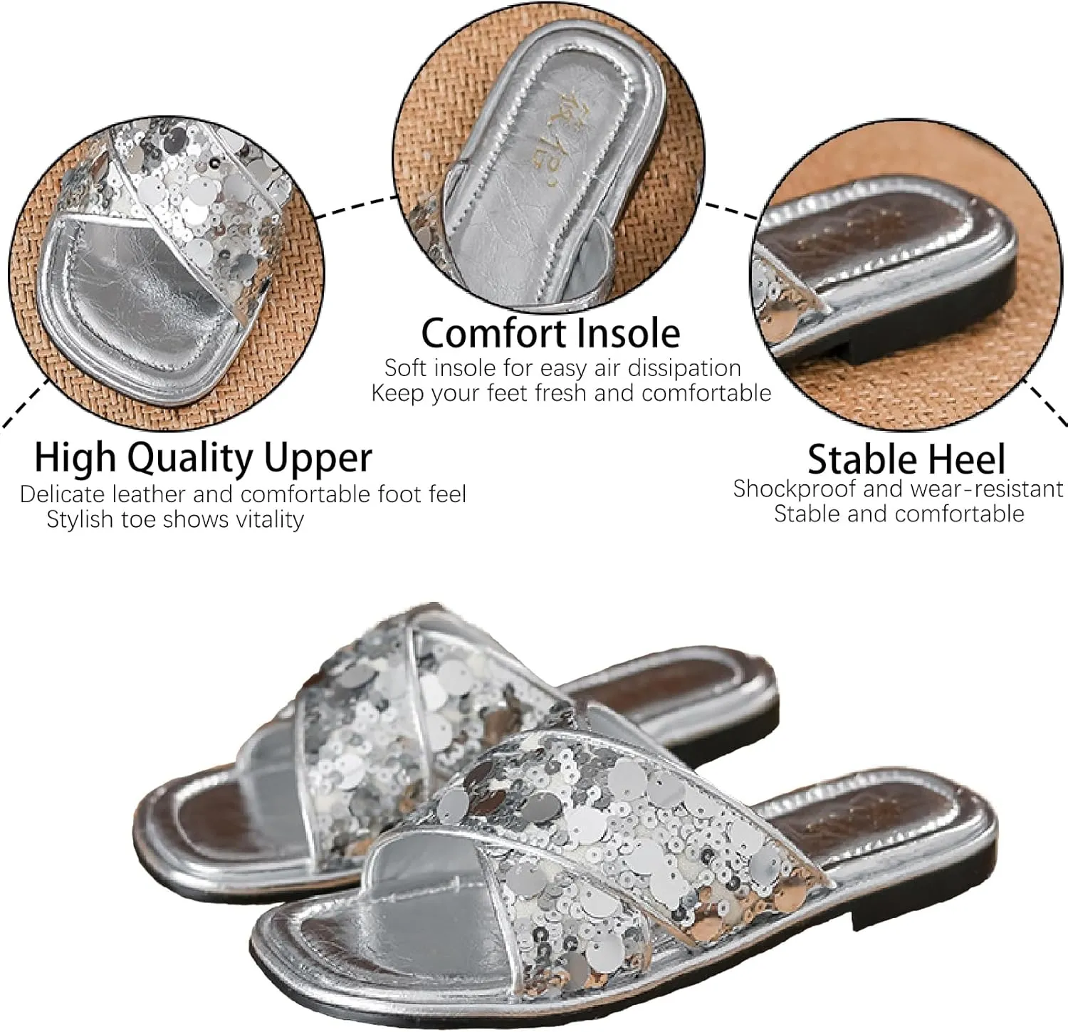 Women's Glitter Sequins Leather Slides Sandals Fashion Comfortable Open Round Toe Slip On Flat Bohemian Summer Dressy Slippers for Outdoor Beach Party Prom