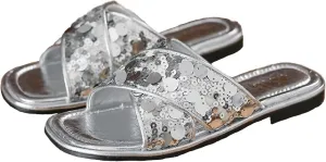 Women's Glitter Sequins Leather Slides Sandals Fashion Comfortable Open Round Toe Slip On Flat Bohemian Summer Dressy Slippers for Outdoor Beach Party Prom