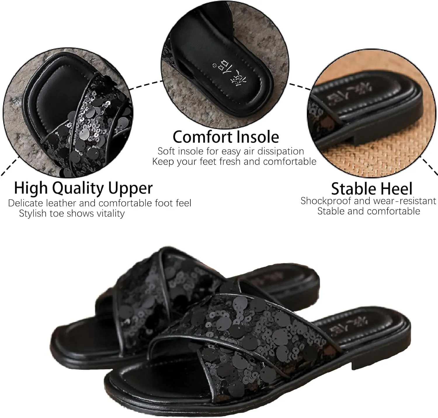 Women's Glitter Sequins Leather Slides Sandals Fashion Comfortable Open Round Toe Slip On Flat Bohemian Summer Dressy Slippers for Outdoor Beach Party Prom