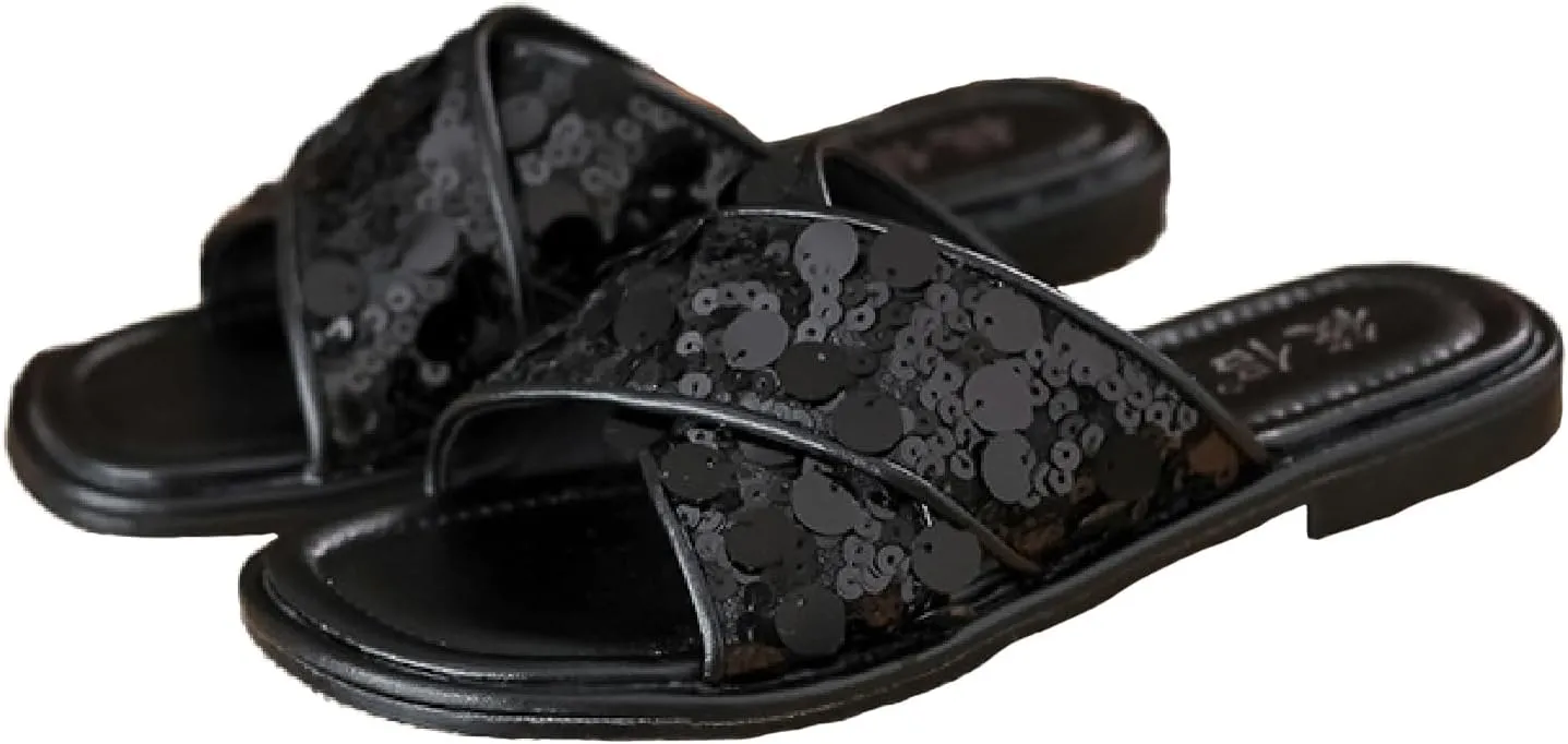 Women's Glitter Sequins Leather Slides Sandals Fashion Comfortable Open Round Toe Slip On Flat Bohemian Summer Dressy Slippers for Outdoor Beach Party Prom