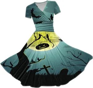 Women's Halloween Dress V Neck Short Sleeve Casual Dresses Womens Pumpkin Dress Halloween Dresses for Women Women's