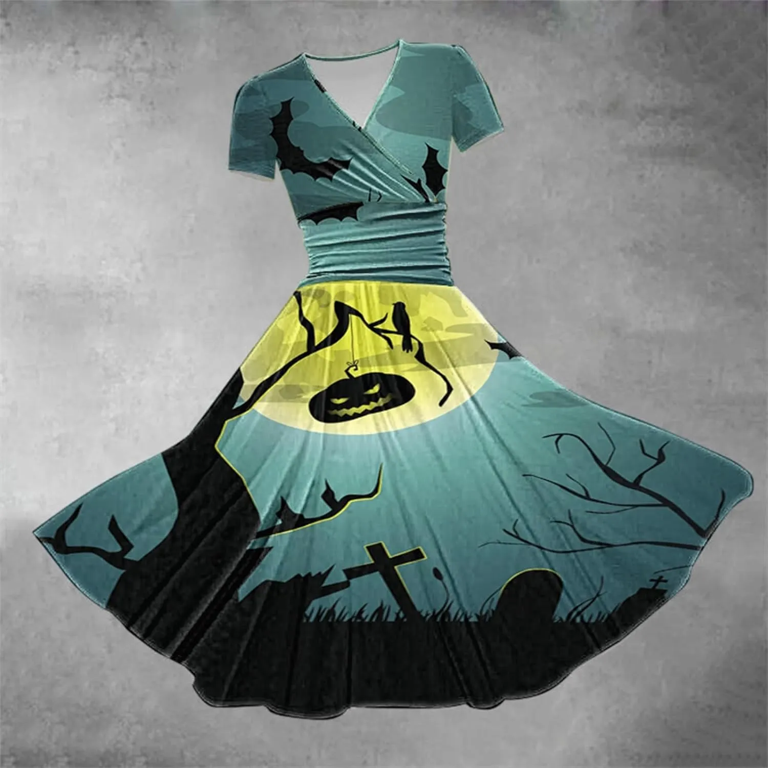 Women's Halloween Dress V Neck Short Sleeve Casual Dresses Womens Pumpkin Dress Halloween Dresses for Women Women's