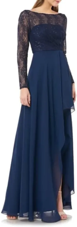 Womens Lace Sequined Ruffled Long Sleeve Boat Neck Maxi Formal Dress