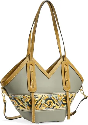 Women's Leather Tote Bag & Large Capacity Hand-Carved Cloud Design, Full-Grain Cowhide