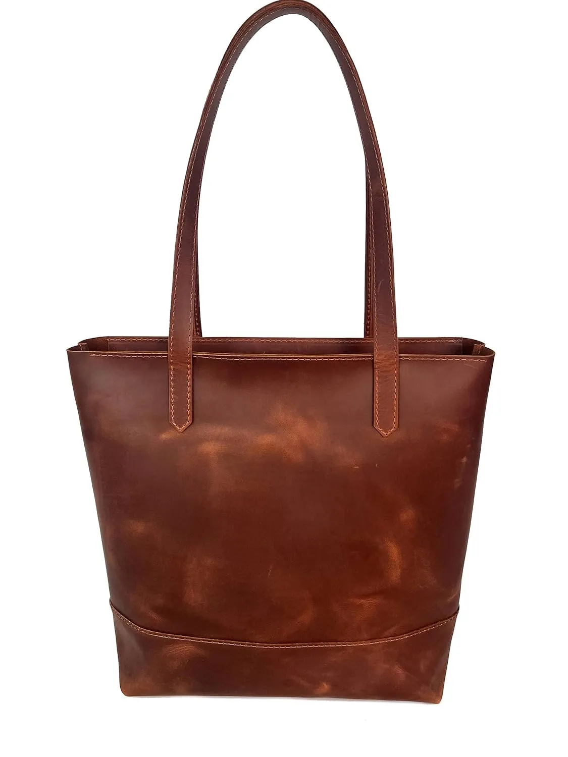 Women’s leather tote bag everyday brown handbag with zipper, pockets and handles for shoulder