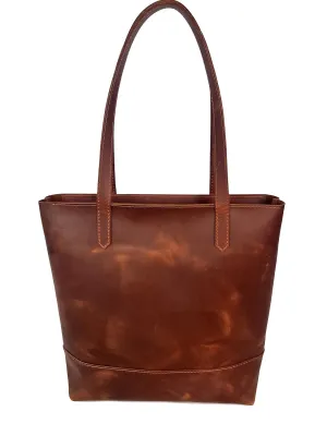 Women’s leather tote bag everyday brown handbag with zipper, pockets and handles for shoulder