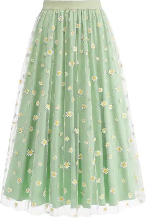 Womens Midi Tulle Skirt Daisy Embroidery Floral Layered Elastic High Waist Tutu Skirt Mesh A Line Fairy Skirts