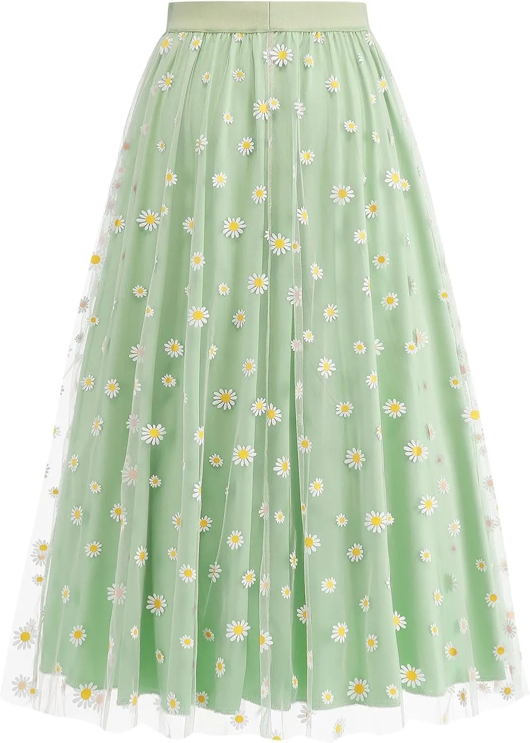 Womens Midi Tulle Skirt Daisy Embroidery Floral Layered Elastic High Waist Tutu Skirt Mesh A Line Fairy Skirts