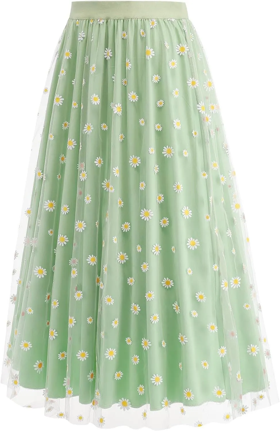 Womens Midi Tulle Skirt Daisy Embroidery Floral Layered Elastic High Waist Tutu Skirt Mesh A Line Fairy Skirts