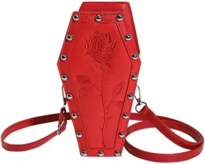Womens Novelty Coffin Shape Shoulder Bag Halloween Vintage Gothic Embroidery Rose Crossbody Bag Alt Emo Small Purse (Red)