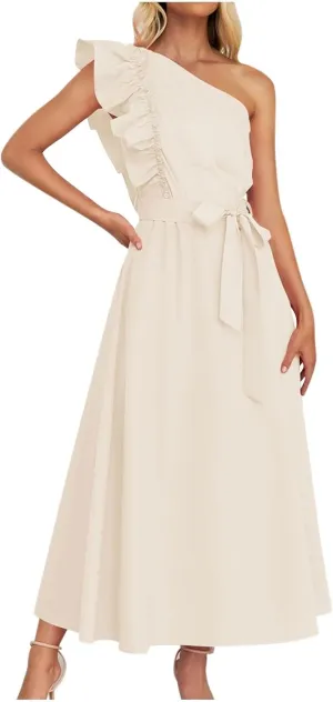 Womens One Shoulder Wedding Guest Dresses Fashion Ruffle Sleeveless Tie Long Dresses Elegant Modest Evening Party Dress