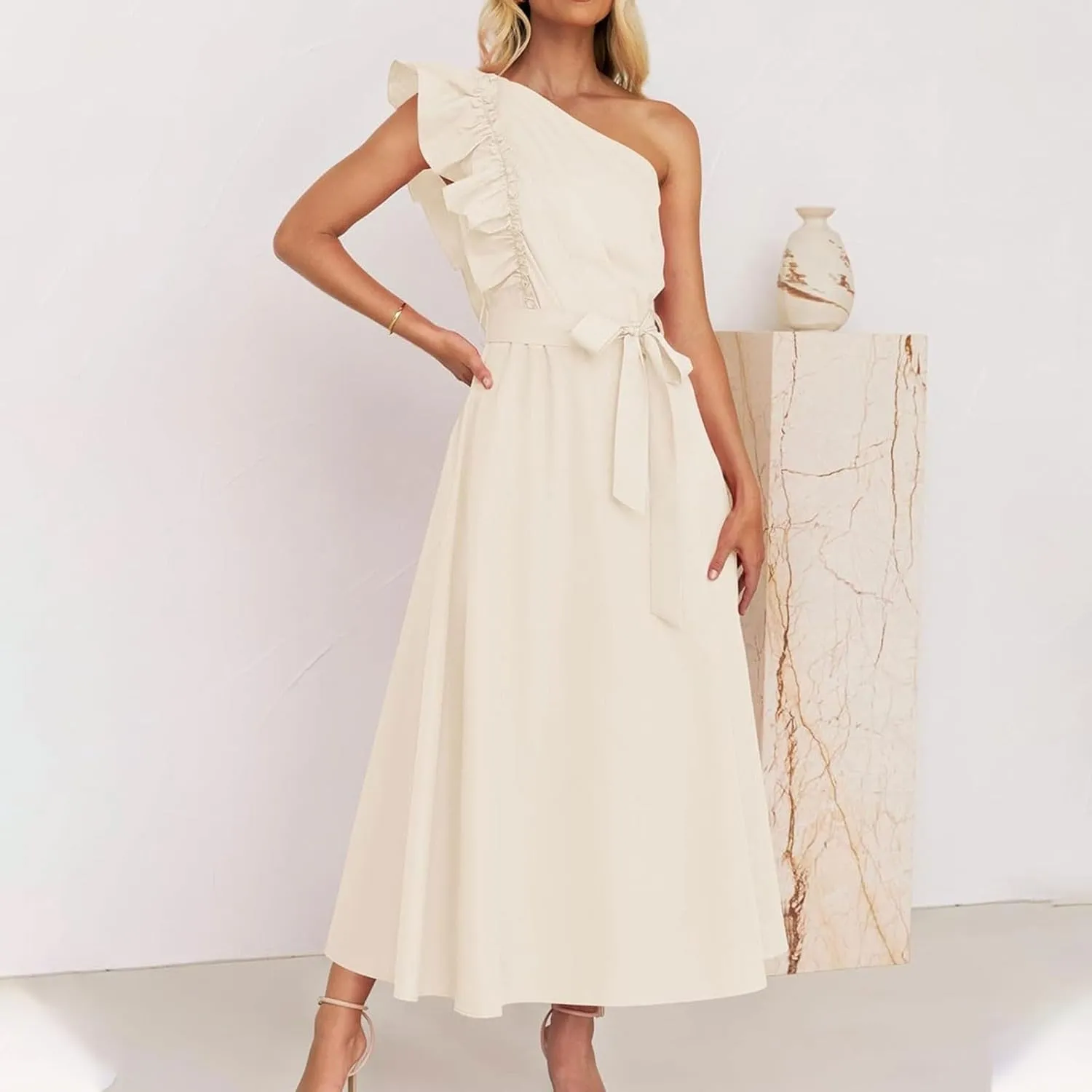 Womens One Shoulder Wedding Guest Dresses Fashion Ruffle Sleeveless Tie Long Dresses Elegant Modest Evening Party Dress