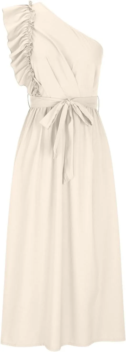 Womens One Shoulder Wedding Guest Dresses Fashion Ruffle Sleeveless Tie Long Dresses Elegant Modest Evening Party Dress