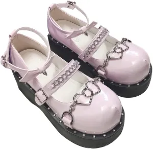 Women's Platform Mary Janes Heart Cat Buckle Rivets Ankle Lolita Gothic Princess Platform Pumps Patent Leather Thorn Vintage Traditional Embroidery Upper Dress Shoes